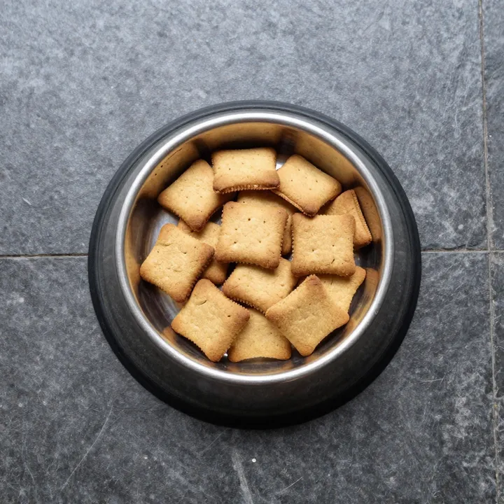 A steel bowl of Longwalk baked biscuits, seen from above