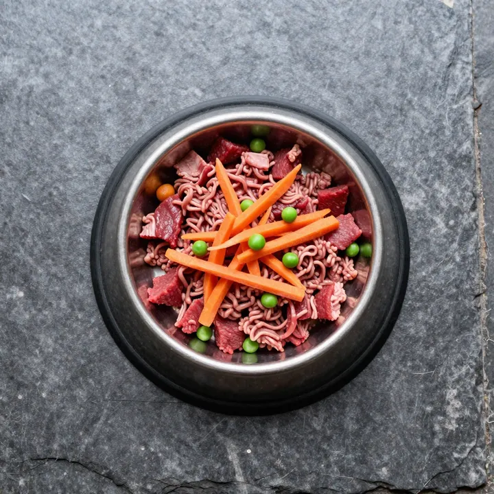 A steel bowl of raw dog food, seen from above