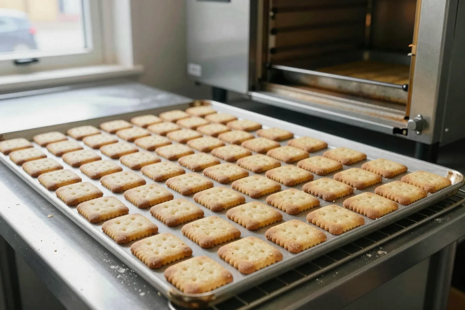 Trays of baked dog biscuits cooling on a rack in a small bakery kitchen